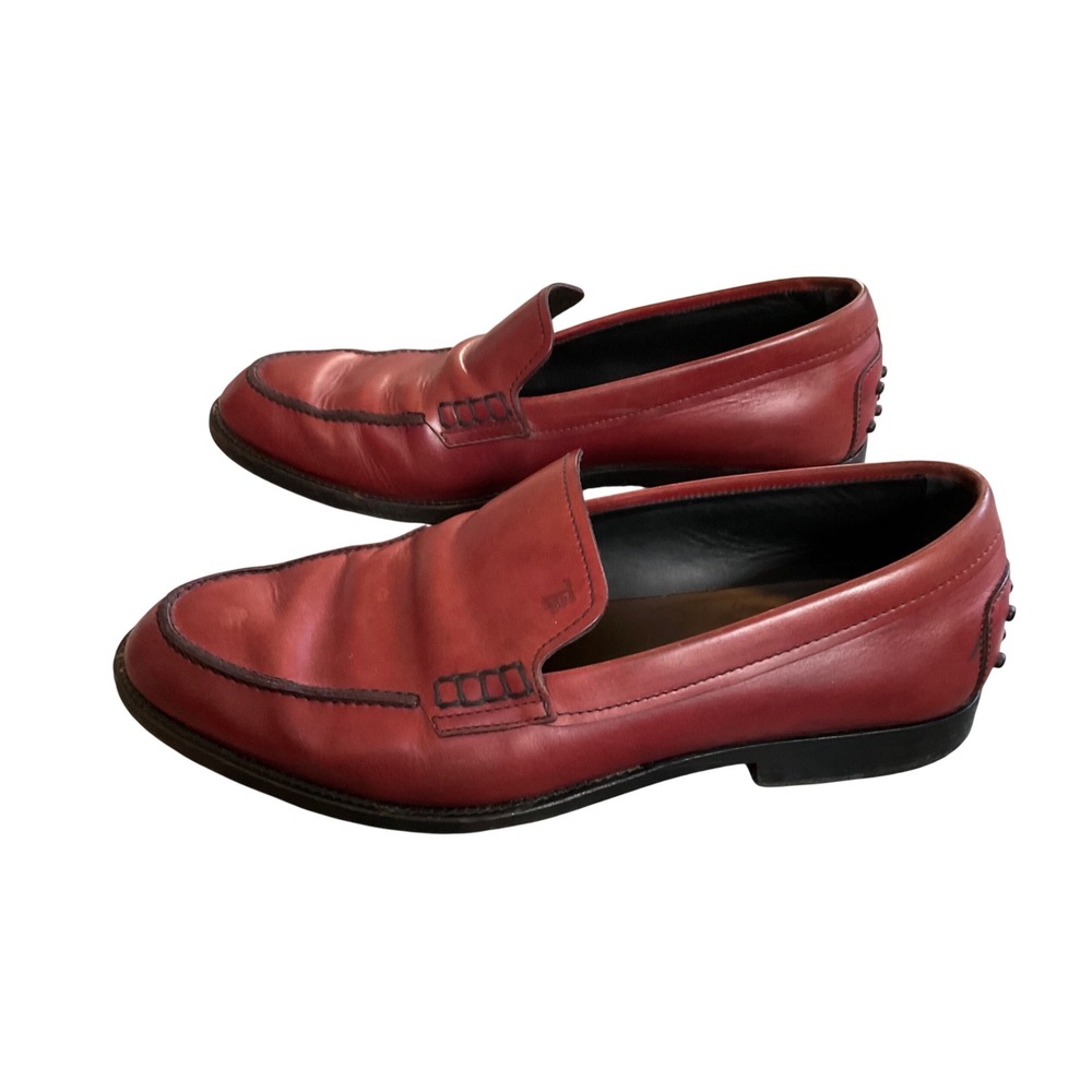Tod's Leather Loafers Men 8 Red Burgundy Slip On GOMMINO Pebbled Heel Shoes